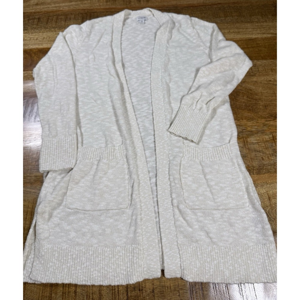 J Crew Womens Cardigan Sweater XS Cream Open Front Textured Knit Pockets